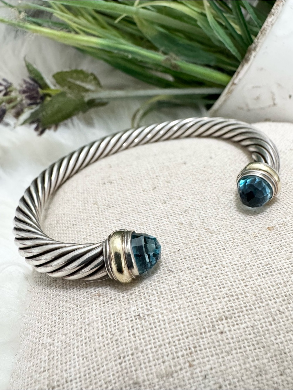 David Yurman 7mm Blue Topaz Cable Classics Cuff Bracelet .925 14K Gold